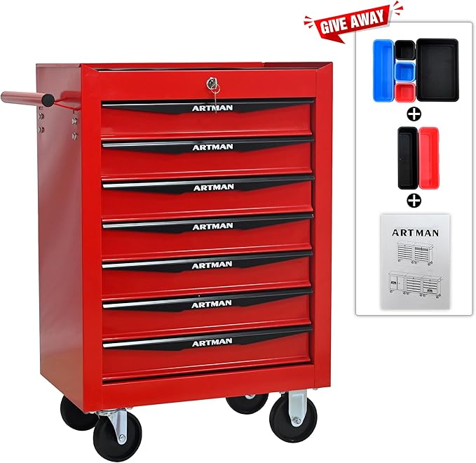 RYH 7 Drawers Rolling Tool Chest - Heavy Duty Mobile Tool Cart with Locking Wheels & Ball Bearing Drawers,30.5 H x 20.9 W x 13 D Garage Tool Storage Cabinet (Red, 7 Drawers)