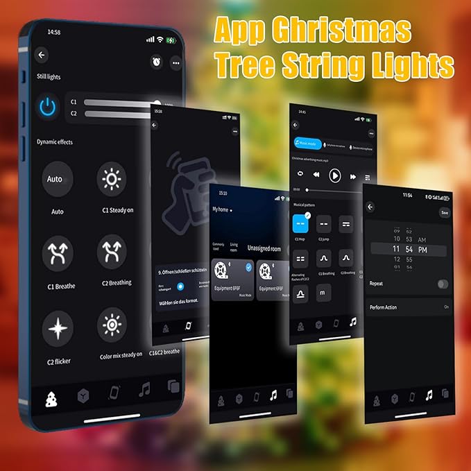 Smart Christmas Tree Lights with Ring, 6.56Ft x 16 Lines String 400 LED Indoor Outdoor with APP Control Music Sync DIY scenarios 17 Modes Multicolor Timing for Christmas Tree Decorations
