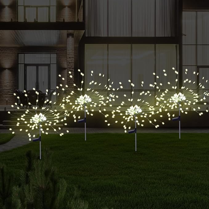 2 Pack Solar Firework Lights Outdoor, 175 LED Garden Lights with 2 Modes, Waterproof DIY Copper Wire Solar Starburst Light for Yard Wedding Patio Halloween Christmas Decor（Warm White）