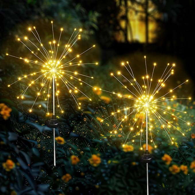 Solar Garden Firework Lights Outdoor Waterproof, 2 Pack Solar Lighting with 8 Lighting Modes, 120 LED Sparklers String Lights for Outside Decor Yard Pathway Decorations(Warm)