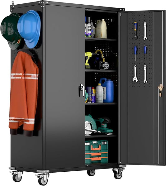 Aobabo Extra Large Garage Storage Cabinet on Wheels, Metal Storage Cabinet with 4 Shelves, 3 Pegboards and 2 Tool Pouches for Home Office Stash, Assembly Required, (Black,43.3''W x 21.9''D x 72''H)