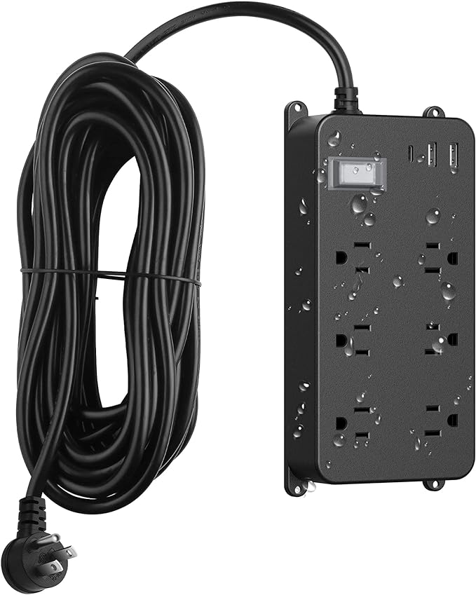 Outdoor Surge Protector Weatherproof,Mountable Power Strip with USB C,IPX6 Waterproof Extension Cord Multiple Outlet for Patio Accessories,6 Outlets and 3 USB Ports,25ft Cable,Flat Plug(2000 Joules)