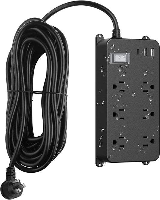 Outdoor Surge Protector Weatherproof,Mountable Power Strip with USB C,IPX6 Waterproof Extension Cord Multiple Outlet for Patio Accessories,6 Outlets and 3 USB Ports,25ft Cable,Flat Plug(2000 Joules)