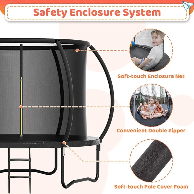 8FT 10FT 12FT 14FT 16FT Trampoline Outdoor, Trampolines for Kids & Adults, Pumpkin Trampolines with Safety Net, Ladder, Coating Metal Frame, ASTM Approved Large Backyard Trampoline for Kids