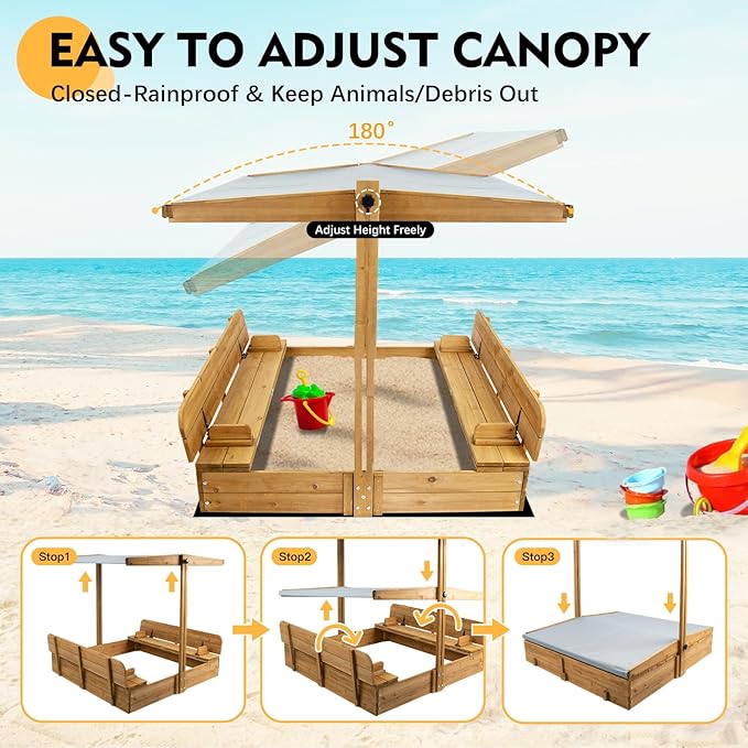 Wooden Kids Sandbox with Lid, Outdoor Sand Box with Adjustable Canopy and Two Foldable Bench Seats, Sandbox with Cover for Beach, Backyard, Bottom Liner & UV-Resistant, Gift for Kids Age 2-8, 47''