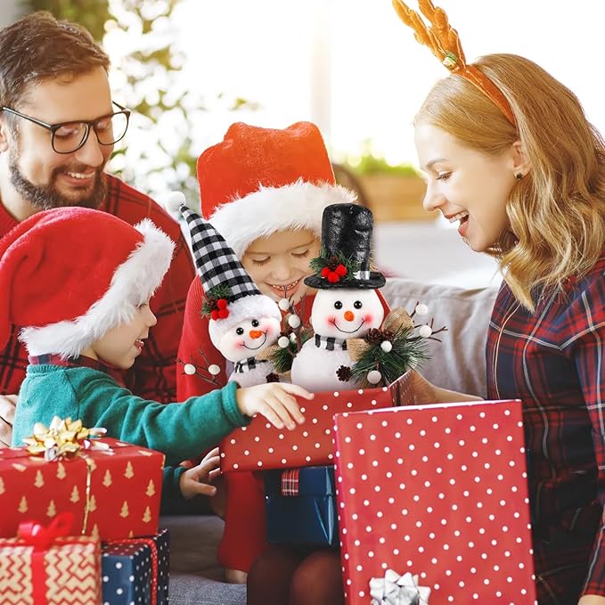 Black and White Plaid Snowman Decor (2-Piece Set) - Winter Christmas Plush Dolls for Tiered Tray, Mantel, or Tabletop Display, Indoor Home Decor