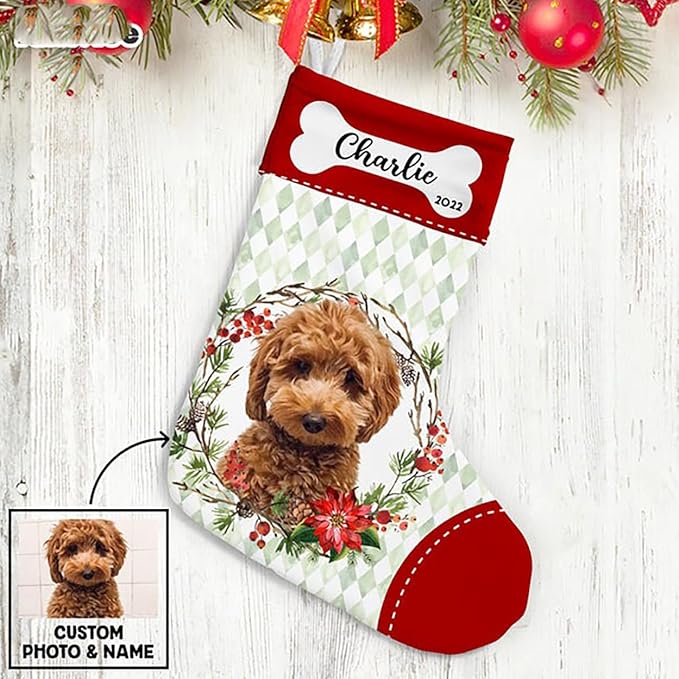 LOVELYPOD Christmas Stockings Personalized with Name, 19" Christmas Stocking Dog Christmas Photo Stocking 2023, Xmas Stocking Holiday Christmas Decoration Gifts for Family Kids