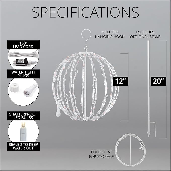 LED Light Ball Indoor-Outdoor Christmas Hanging Tree Globe Light Sphere, Fold Flat Metal Frame (12", White Frame/Red String Lights)