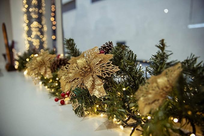 RECUTMS 10 Pcs Christmas Glitter Poinsettia Flowers Picks Christmas Tree Ornaments 6" Wide for Xmas Tree Wreaths Garland Holiday Seasonal Wedding Decoration (Gold)