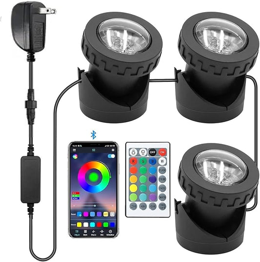 Colored Pond Lights with Timer, APP Control RGB Fountain Light IP68 Waterproof, Dimmable Outdoor Landscape Lights for Fish Tank Pond Fountain Garden (3 Lights)
