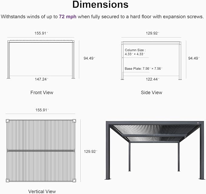 PURPLE LEAF LED Louvered Pergola 94AS 11'x 13' Full Aluminum Frame and Adjustable Roof Integrated Strip Lights for Outdoor Deck Garden Patio Gray Hardtop Gazebo Pergola