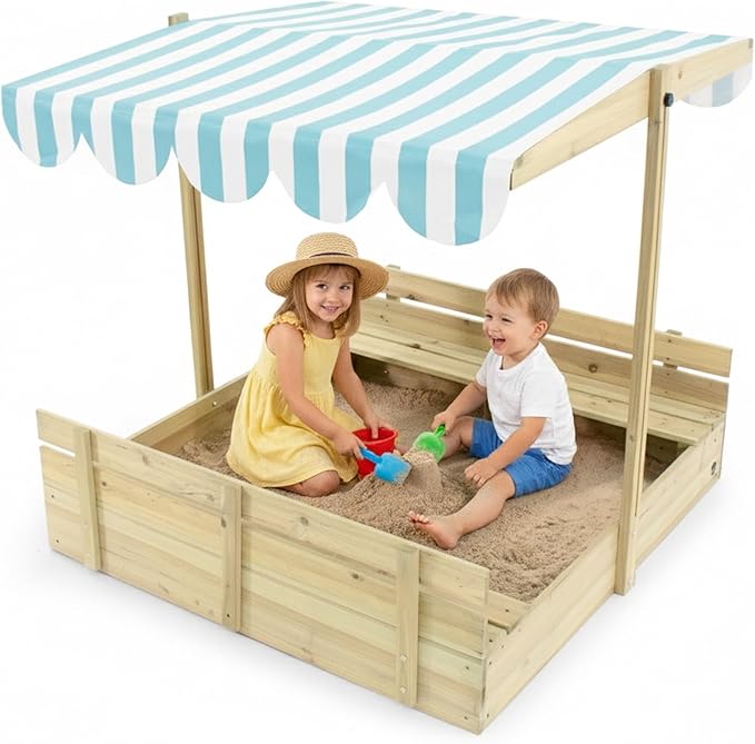 Plum? Kids Outdoor Wooden Sandbox with Lid - Toddler Sensory Toys, Outdoor Sand Box for Kids with Bench Seat, Adjustable Canopy & Bottom Liner, UV-Protection, Weatherproof, Easy Assembly, Ages 3+ Yrs