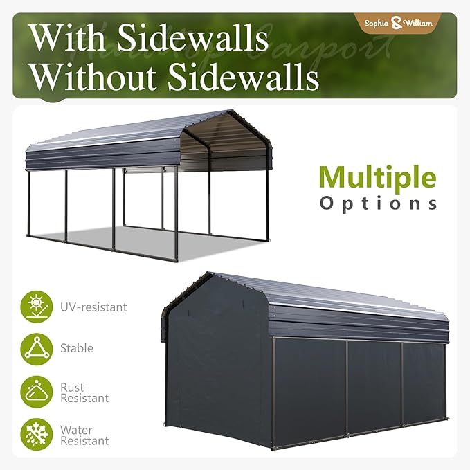 Carport Car Port Metal Canopy 10x15 ft Heavy Duty for Snow, Portable Garage Kit Shed Tent Shelter Metal Frame All Weather Outdoor for Boat with Removable Sidewalls, Dark Grey, Sophia & William