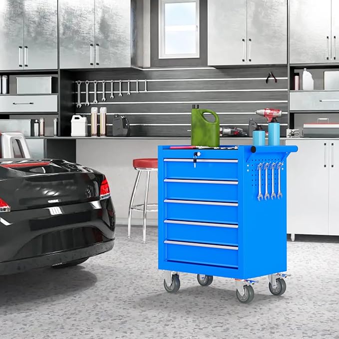 5 Drawers Rolling Tool Chest, Portable Storage Tool Box with Wheels, Tool Chest with Lock for Warehouse, Garage, Repair Shop and Tool Room (Blue)
