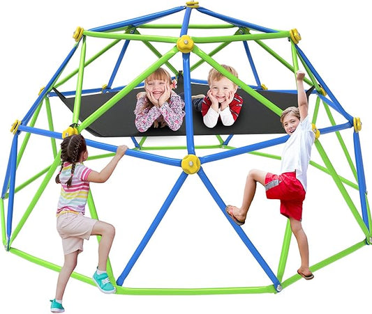 GVDV 10FT Climbing Dome with Hammock, Outdoor Jungle Gym for Kids, Geometric Dome Climber Supporting 880 Lbs Anti-Rust Metal Outdoor Play Structure ASTM Approved Blue & Green