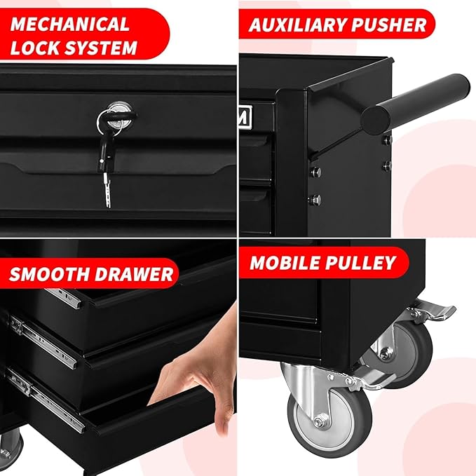 7-Drawer Rolling Tool Chest with Locking Wheels & Drawers, 13 D x 24.2 W x 34 H Mobile Tool Storage Cabinet, Heavy-Duty Garage Organizer w/Ergonomic Handle
