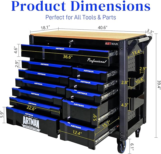 Rolling Tool Chest on Wheels, Heavy Duty Metal Tool Cabinet Chest with 12 Drawers, Wooden Workbench Top, Large Tool Cart for Warehouse, Garage, Workshop, Repair Shop, Tool Organizer Chest