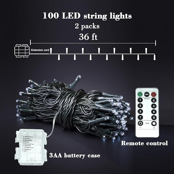 White String Lights Outdoor, 2 Packs of 36ft 100LED Battery Stringlights with Remote and Timer, Dimmable Led Christmas Lights Indoor, Twinkle Christmas Tree Lights Outdoor, Xmas Lights Decor