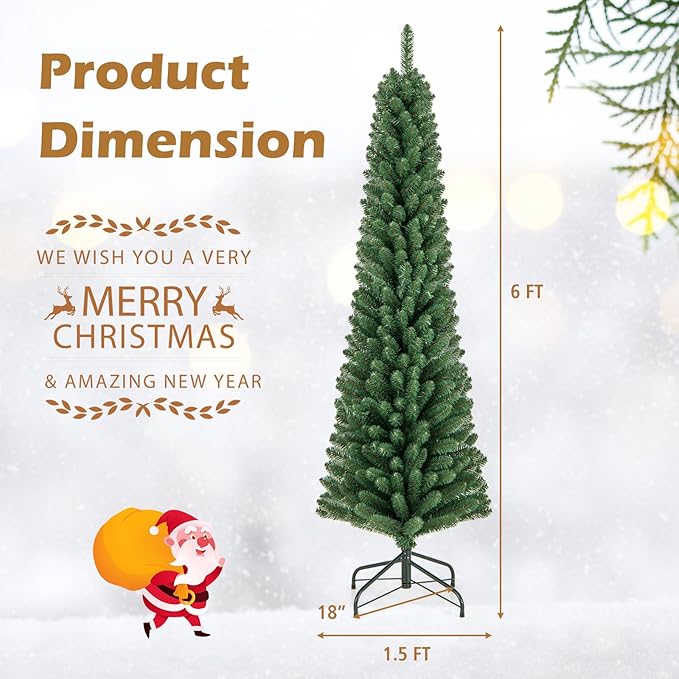 GOFLAME 6FT Pencil Christmas Tree, Slim Artificial Xmas Tree with 392 Memory Wire Branch Tips & Upgraded Metal Stand, Seasonal Holiday Decoration Tree for Home Office Party