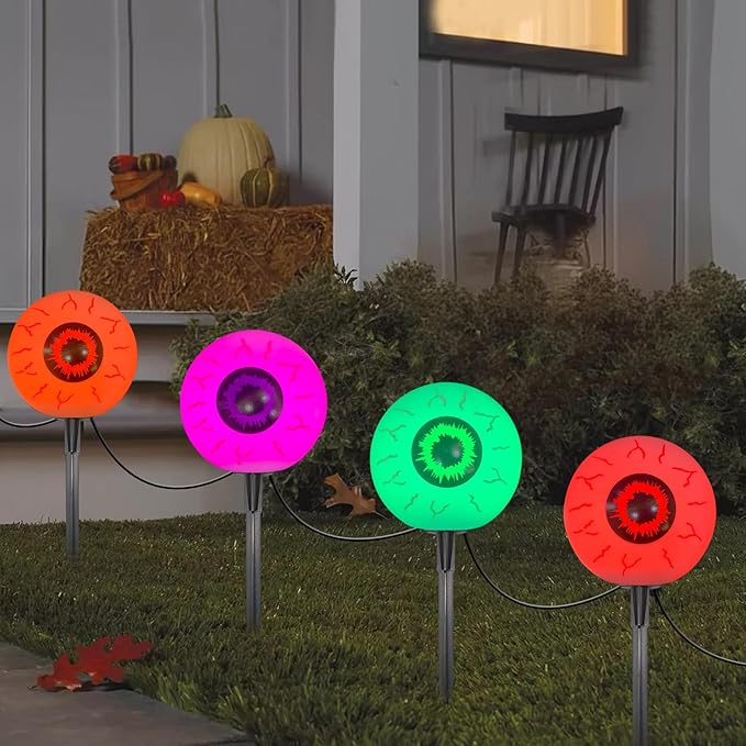GOOTHY Outdoor Halloween Decorations Pathway Lights, 7Ft Halloween Eyeballs Pathway Markers String Light Waterproof with 4 LED Scary Eyeballs Stakes Lights for Outdoor Walkway Yard Lawn Garden