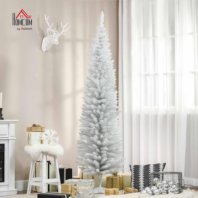 HOMCOM 7' Artificial Pencil Christmas Tree, Slim Xmas Tree with 499 Realistic Branch Tips and Plastic Stand, White