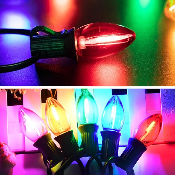 C7 LED Christmas String Lights,25Ft Multicolor Outdoor Lights with 27 Energy-Efficient,Waterproof Clear Bulbs for Indoor/Outdoor Holiday & Party Decor
