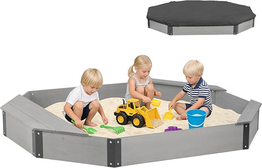 75.5''x53''x8.5'' Octagon Sandbox with Storage Box for Kids Outdoor Play, Wood Large Sandpit with Cover & 3 Benches, Quick Easy Install