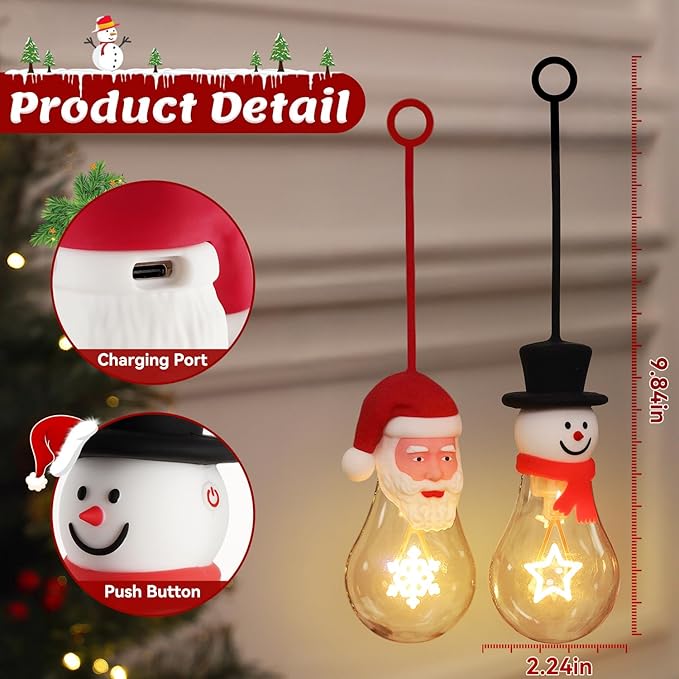 Brightever 4-Pack Hanging Christmas Lights for Christmas Tree Decor, USB Rechargeable Christmas Light Bulbs Portable Decorations with Xmas Elements Filament, Great Gift for Coworkers, Friends