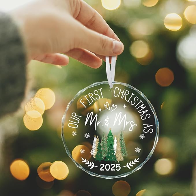 Horaldaily 3.15" Christmas Trees Glass Ornament 2025- Our First Christmas As Mr.&Mrs. Round Decor - Xmas Tree, Holiday Presents, Gift Exchange Ideas Hanging Decor for Newlywed Couple Bride Groom