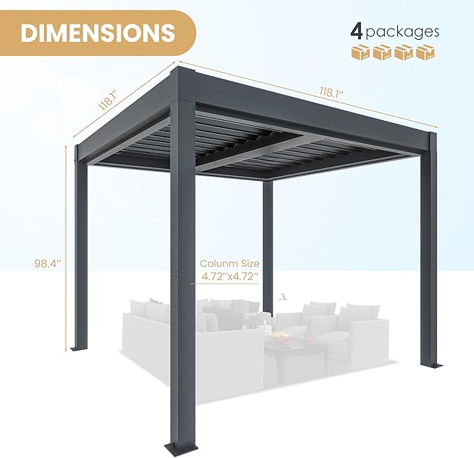 Greesum 10x10FT Outdoor Aluminum Pergola, Electric Adjustable Louvered Pergola with LED Lights and Gutter System, Metal Gazebo for Patio, Deck, Garden, Yard, Black
