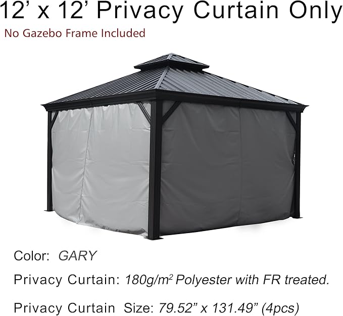 Kozyard Gazebo Privacy Curtain Outdoor Waterproof Sidewall for Hardtop Gazebo, OEM Replacement for Patio Gazebo Curtains for Alexander, Caesar, Rosana and Apollo Model (12ft x 12ft, Gray)