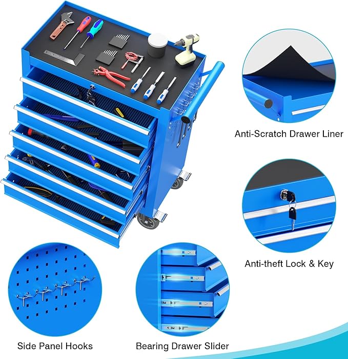 5 Drawers Rolling Tool Chest, Portable Storage Tool Box with Wheels, Tool Chest with Lock for Warehouse, Garage, Repair Shop and Tool Room (Blue)