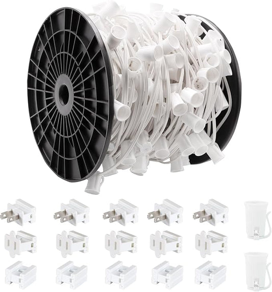 250FT C9 Outdoor String Light Stringer, E17 Socket 12" Spacing, C9 Christmas Stringer Set Spool White Light String for Wedding Patio Event Lighting Decor, White Wire