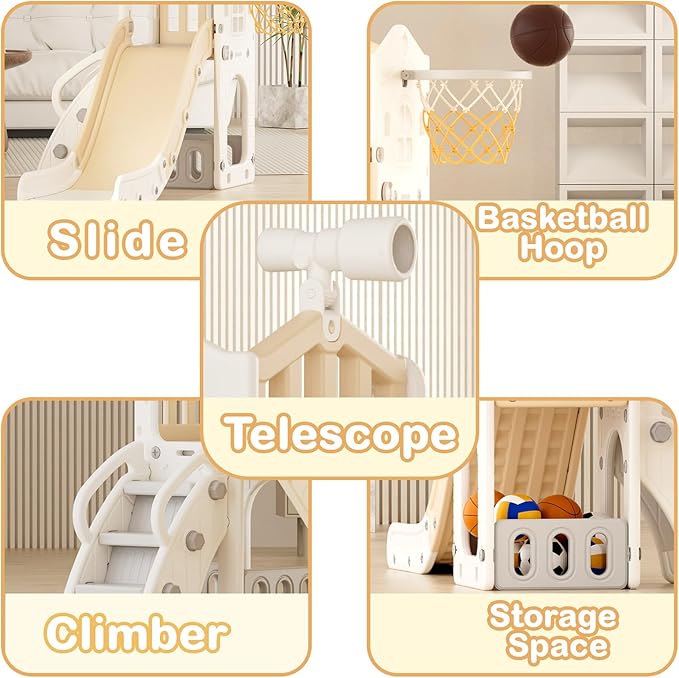 XJD 5 in 1 Toddler Slide, Kids Slide for Toddlers Age 1-3, Outdoor Indoor Playset for Toddlers with Basketball Hoop and Ball, Storage Space Birthday Gifts for Toddler (Beige)