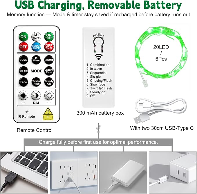 ZSJWL 6 Pack Rechargeable Fairy Lights with Remote & DIY Timer, 7Ft 20LED Mini Battery String Light, Twinkle Silver Copper Wire Lights for Wedding Party Bedroom Christmas Table Decoration (Green)