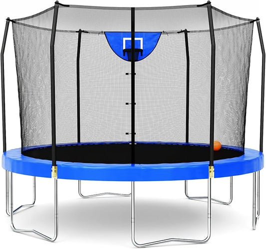 Skywalker Trampoline Outdoor 8 FT, 12 FT, 15 FT Jump N’ Dunk Round Outdoor Trampoline with Net, Trampoline Mat, and Basketball Hoop for Trampoline