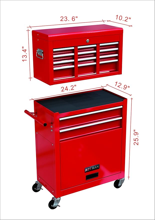High Capacity Rolling Tool Chest with Wheels and 8 Drawers,Metal Storage Tool Cabinet W/Mobile Case,Pull Handle,4 Hooks,for Workshop Mechanics Garage,Red