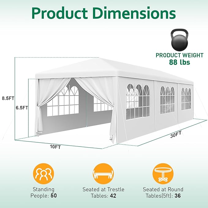 2025 Upgraded 10x30 Party Tent, Outdoor Tents for Parties, Wedding, Birthday, Large Canopy Tent with 8 Sidewalls and Transparent Windows, White Event Gazebo Tents for Backyard, Garden, Patio