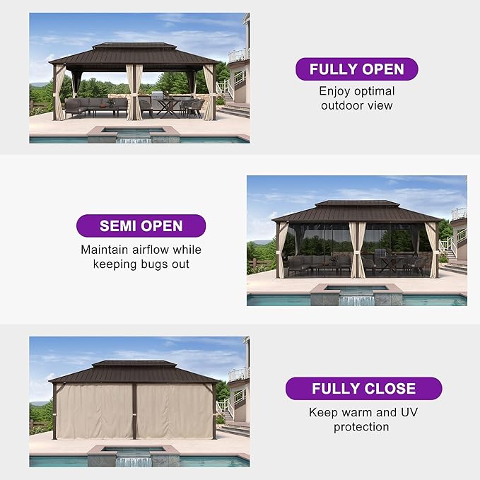 PURPLE LEAF 12’ X 20' Hardtop Gazebo Outdoor Gazebos Metal Frame Galvanized Steel Double Roof with Curtains and Nettings for Patio Desk Backyard Bronze