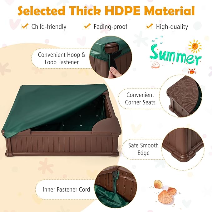 HONEY JOY 12.5 Kids Sandbox with Cover, 48 x 48 Inch Large HDPE Pit for Backyard, 4 Corner Seats & Bottom Liner, Sand Protection, All Weather Resistant Sand Boxes for Kids Outdoor (Coffee)