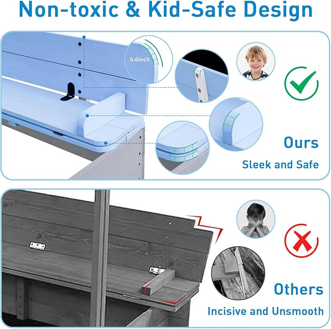 Wooden Kids Sandbox with Lid Sand Box with Cover for Outdoor with Canopy Ages 4-8, Sand Pit with Foldable Bench Adjustable Roof Bottom Liner