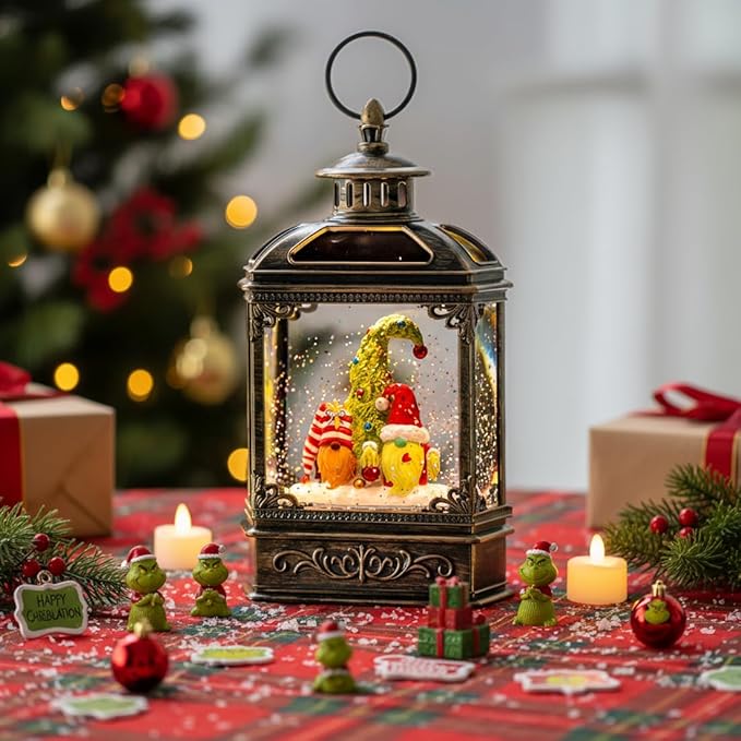Christmas Snow Globe Lantern Water Glittering Gnomes Scandinavian Santa Elf with Whimsical Christmas Tree, Lighted Lantern for Christmas Festival Decoration Gifts