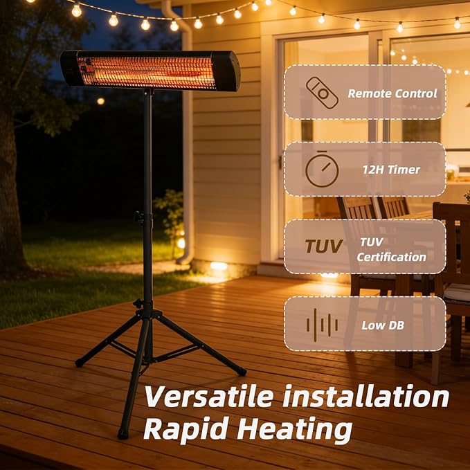 Electric Outdoor Patio Heater with Tripod, 1500W Infrared Heater Remote, 12H Timer, IPX6 Waterproof, 3 Heat Levels, Portable Electric Space Heater for Garage Backyard Indoor Use