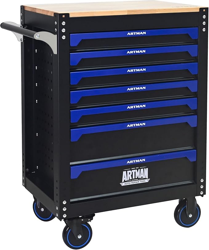 RYH 26.65 W Rolling Tool Cart with Wheels & Wood Top | Mobile Tool Chest Organizer for Garage Storage Cabinet & Toolbox | Heavy-Duty Steel Tool Box (Black-Blue, 7-Drawers 39.17 H¡¿26.65 W -2)