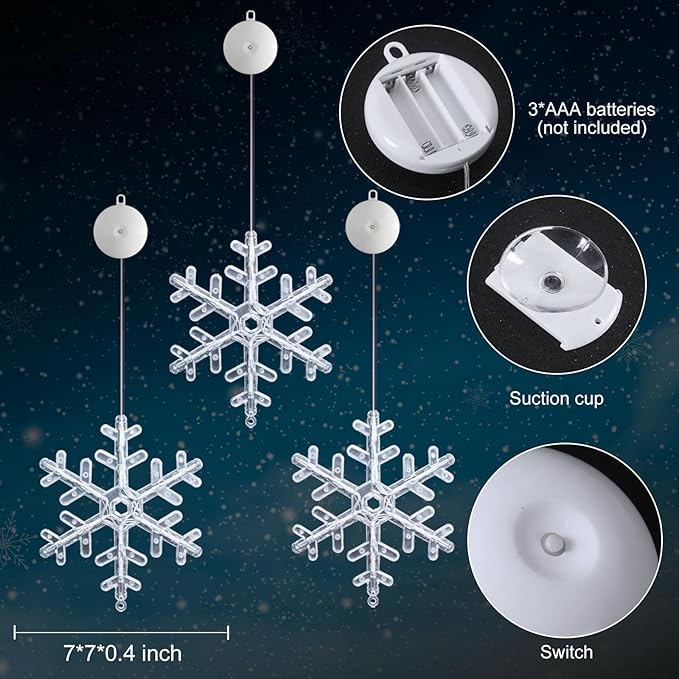 3Pack Christmas Window Lights Decorations with Timer,Battery Powered Christmas Hanging Warm White Lighted Snowflake Shaped LED Sucker for 2026 Xmas Tree Fireplace Indoor Decor