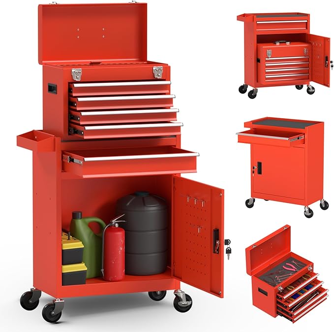 5-Drawer High Capacity Rolling Tool Box, Removable Cabinet Storage Tool Chest with Wheels and Drawers, Detachable Toolbox with Lock for Mechanics Garage Workshop and Tool Room (Red)