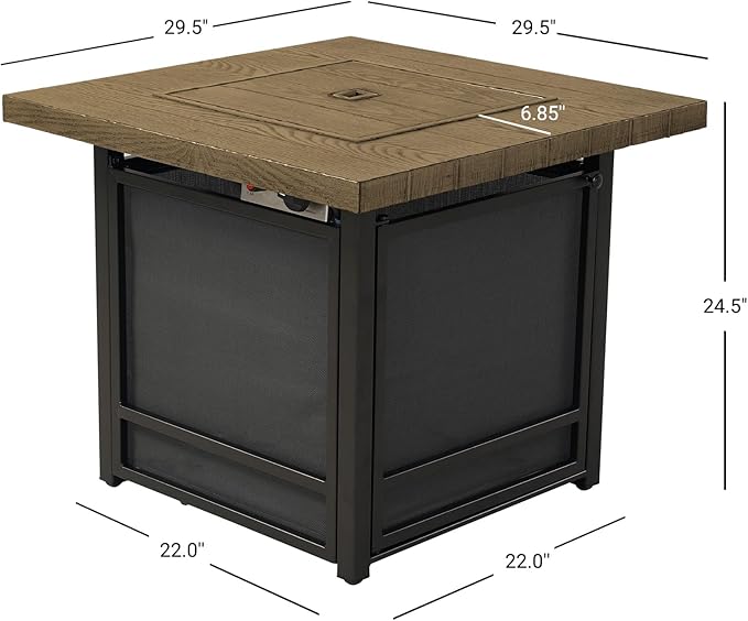 Grand Patio 29 Inch Propane Fire Pit, Outdoor Fire Pit Wood Grain Square Smokeless Firepit Table with Sling Base, Light Brown Tabletop/Square