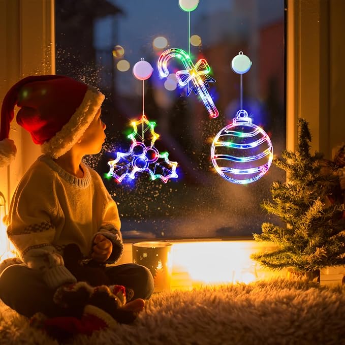 LOLStar Christmas Window Lights, 3 Pack Multicolor Christmas Ball, Holly Berry, Candy Cane LED with Suction Cups, Timer & Slow Fade, Battery Operated(Excluded) Christmas Decorations Light Up for Home