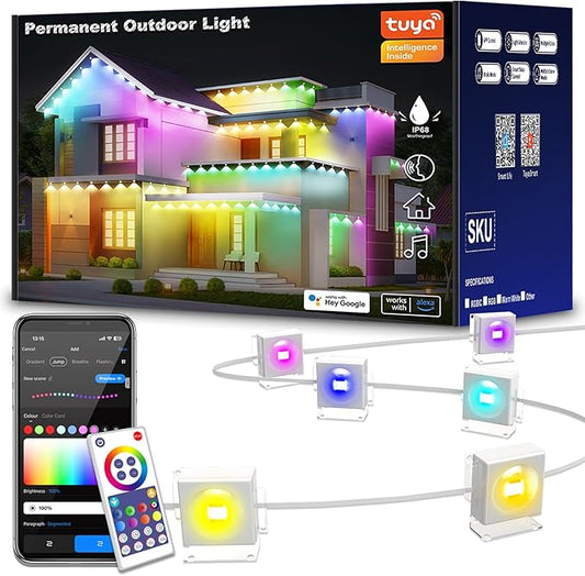 100ft Permanent Outdoor Lights with 60 LEDs, IP68 Waterproof Smart RGB+IC LED Christmas Light with 75 Scene Modes, Holiday Lights for Christmas Halloween, Work with Wi-Fi, Alexa & Google Assistant