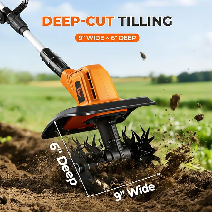Cordless Electric Tiller Cultivator, 21V Battery Powered Garden Tiller with 2¡¿4.0Ah Batteries, 9¡È Tilling Width & 6.6¡È Depth, 360RPM 48 Rust-Resistant Blades for Soil & Gardening